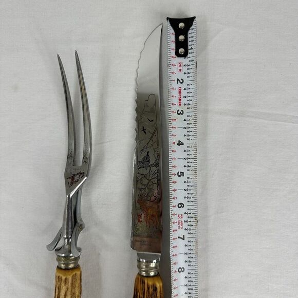 Solingen Germany Stainless Stag Antler Handle Etched Carving Knife Serving Fork - Picture 10 of 12